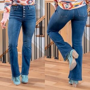 KanCan Petite Aurora Exposed Button Fly High Bootcut Denim Jeans Size 5/26